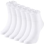 Women Ankle Socks Lace Ruffle Socks Solid Lettuce Edge Knit Socks, 6 Pair (White)