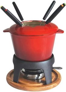 Baumalu, Service à Fondue en Fonte Émaillée Rouge Dégradé, 21 x 21 x 21 cm, pour 6 personnes, avec Plateau en Bois, Idéal pour vos Repas en Famille ou entre Amis