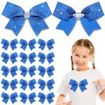 Moucuny 16 Pcs Cheer Bow Pins Glitter Blue Bow Pins Rhinestones Sequin Bow School Senior Cheer Bow Accessories for Teen Softball Football Cheerleader Competition Sports