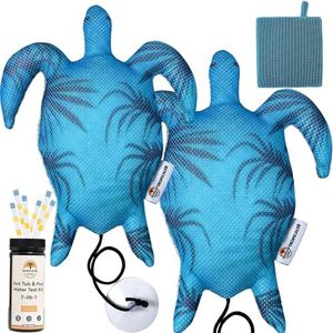 Tropicaler Hot Tub Scum Absorber Turtle ScumGuard Mesh - 2-Pack Oil & Scum Absorber for Spa, Hot Tub & Pool - Keeps Water Clear - Includes 100 x Hot Tub Test Strips & 2 Washable Turtle Absorbers