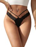 ohmydear Ice Silk G Strings Thongs for Women Lace Knickers Sexy Panties Plus Size Strappy Underwear T Back Micro Thongs Tanga Briefs Ladies Knickers Size 12 Black