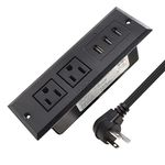 Desk Power Bar with USB Recessed Mounted Desktop Power Strip 2 Outlets 3 USB Ports (15W/3A) Flat Power Plug, Charge Station for Table Cabinet Sofa Counter. (Black)