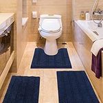 Striped Navy Blue Bathroom Rug Set 3 Pieces Ultra Soft, Non Slip Chenille Toilet Mat, Absorbent Plush Shaggy Bath Mats for Bathroom, Bedroom, Kitchen