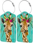 2 Pack Luggage Tag for Suitcase, Cute Unique Leather Bag Tags Identifiers Privacy Cover ID Label with Durable Steel Loop for Women Men Kids Girls Travel, Giraffe