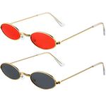 2 Pairs Vintage Oval Sunglasses Small Oval Sunglasses Mini Vintage Stylish Round Eyeglasses for Women Girls Men (Red/Grey Lens and Gold Frame)