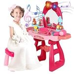 Talent Star Pretend Play Girls Makeup Table Set with Stool, Toddler Makeup Table with Mirror and Chair,Girls Toddler Vanity Toys Best Birthday Gifts for Toddlers 2-5 Years Old (36Pcs/Set) Pink