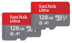 SanDisk 128GB Ultra microSDXC card + SD adapter up to 140 MB/s with A1 App Performance UHS-I Class 10 U1 - Twin Pack