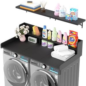 Kikihouse Washer Dryer Countertop with Floating Shelf, Wooden Laundry Countertop Over Washer and Dryer with Storage, 2-Tier Anti-Slip Laundry Machine Topper (Black)