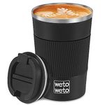 WETOWETO 12oz Coffee Cup, Insulated Travel Coffee Mug, Stainless Steel Coffee Tumbler, Spill Proof Coffee Mug with Lid, Portable Thermal Mug, Reusable Travel Coffee Cup(Black)