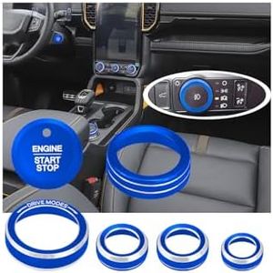 HDUFC for Ford 2024 2025 Ranger, air Conditioning, Volume Control, Push-Button Start, 4WD and Headlight switches, 7 Pieces of Aluminum Alloy knob Cover Decoration (Blue)