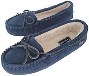 Clarks Women's Suede Bowknot Moccasin Slippers, LB0340 - Fuzzy Indoor/Outdoor Close Back Slip-Ons with Faux Fur Lining & Non-Slip Outsole - Women's Comfy Loafers for Driving Lounging & More, Navy, 6