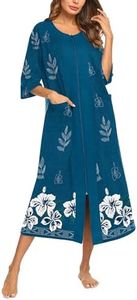 Ekouaer Women's Zipper Robe 3/4 Sleeve Housecoats Full Length House Dress Loungewear Long Nightgown with Pockets, Floral Blue, Medium