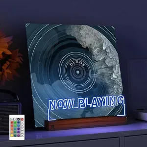 YuanDian Light up Now Playing Vinyl Record Stand, Wooden Acrylic Holder for Vinyl Album Display and Storage, Vinyl Illuminated LED Display Shelf with 16 Changing Color Lights