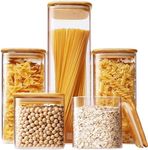 HomArtist Square Glass Jars with Bamboo Lids [Muti Size Set of 5], Glass Canisters with Airtight Lids, Glass Food Storage Containers for Pasta, Cereal, Flour, Sugar, Best for Kitchen & Pantry