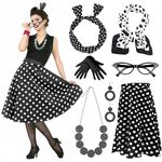 FEBALHS 50s Costumes for Women, Halloween Outfit Accessories with Polka Dot Skirt Eyeglasses Bandanas Earrings Necklace (XL)