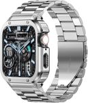 MioHHR Stainless Steel Band and Case Compatible with Apple Watch Band 44mm, Men Rugged Metal Strap and Protective Bumper Cover for iWatch Series SE 6 5 4