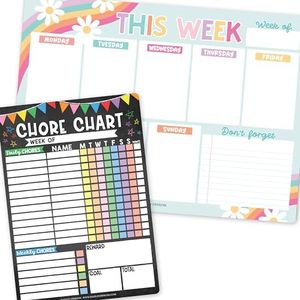 Hadley Designs 1 Retro Magnetic Weekly Calendar for Fridge Whiteboard, 1 Family Chore Chart for Adults, Weekly Dry Erase Board for Fridge, Chore Reward Chart System for Kids