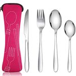 Acehome Cutlery Set with Portable Pouch Case, Stainless Steel Flatware Camping Utensil Set with Neoprene Bag for Outdoor Travel Picnic Office School Lunch Box (4 Pcs Rose Red)