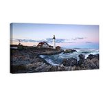 Wieco Art Portland Lighthouse Canvas Prints Wall Art Ocean Sunset Beach Seascape Pictures Paintings for Living Room Bedroom Home Decorations Extra Large Modern Stretched and Framed Sea Skyline Artwork
