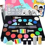 Bowitzki Face Paint kit for kids-18 Colors, Split Cake Face Paint, Hair Chalks, Brushes, Sponges, Glitters, Gems, Reusable Stencils,Professional Non-Toxic Halloween Party Makeup Body & face Painting