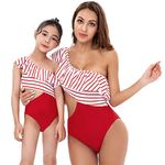 Mommy and Me Family Matching Swimwear Swimsuits Swimming Costume Women Girls Ruffle Stripe Print One Piece Bathing Suit Bikini Tankinis Beachwear Striped Red-Ruffle 9-10 Years