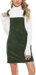 Tanming Women's Corduroy A Line Cute Jumper Pinafore Bib Overall Mini Dress Skirt (DarkGreen-S)