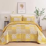 Mybedsoul Yellow Boho Quilt Set Queen Size,3 Pieces Plaid Floral Bedspread Coverlet Set Summer,Patchwork Reversible Bedding Set King 90"x104"