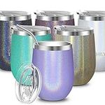 THILY Stainless Steel Wine Tumbler Insulated Stemless Travel Wine Glass Coffee Cup with Sliding Lid and Reusable Straw, Xmas Gifts, Glitter Lavender