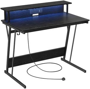 VASAGLE Gaming Desk with LED Lights and Built-In Power Outlets, Computer Desk with Monitor Shelf, Gaming Table for 2 Monitors, Office Desk, for Bedroom, 60 x 100 x 76 cm, Ebony Black LWD291B56