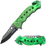 Kitory Pocket knife 3.3", Multi-functional Folding Knife with half-serrated blade edge and Glass Breaker and Seatbelt Cutter, Green Handle, Multi-use tool EDC, 2024 Outdoor Gadget