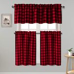 Hiasan 3 Pcs Kitchen Short Curtains for Small Window - Black and Red Buffalo Plaid Privacy Protected Light Filtering Valance Tiers for Cafe/Kitchen