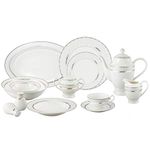 Lorren Home Trends La Luna Bone China 57-Piece Silver Embossed Design Dinnerware Set, Serves 8