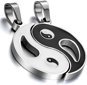 Cupimatch 2PCS Stainless Steel Yin Yang Pendant Puzzle Matching Couple Necklace Valentine for Men Women Silver Black with 18"& 22" Chain