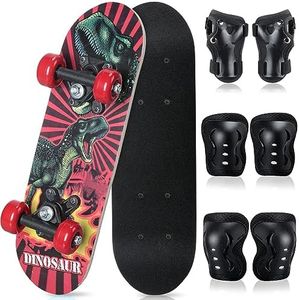 Honoson 7 Pcs Skateboard for Toddlers Beginners Knee Elbow Pads Wrist Guards Gear Set (Dinosaur, Age 2-5 Kids 17 x 5'')
