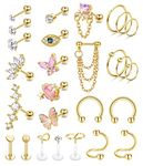 SAILIMUE 27Pcs 16G Cartilage Earrings For Women Men Tragus Piercing Jewelry Stainless Steel Conch Stud Hoop Earring Hypoallergenic Cz Butterfly Heart Evil Eye Cartilage Tragus Conch Helix Daith Piercing Jewelry Gold Tone