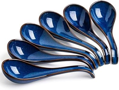 LYEOBOH Soup Spoons set of 6, Chinese Deep Soup Spoon - 6.5 inch Ceramic Korean Tablespoons for Ramen, Rice, Noodle, Asian Spoons with Deep Hook Design, Vintage Blue