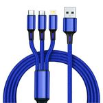 WAVENEX Multi Port USB Data Cable 3 in 1 Fast Charging 3.1-A Nylon Braided Cable,1.25 meter with Type-C, Micro USB Port and Lightning Port Connectors for Speaker, Smartphone (Blues)