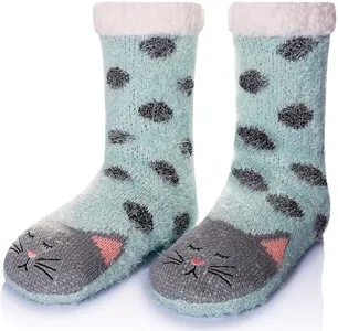 Women Winter Socks Knit Anti-Slip Sweat Warm Cute Cartoon Animals Fuzzy Home Slipper Socks (Cat)