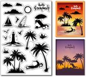 Arbuya Silhouette Palm Tree Clear Stamps for Card Making or Journaling, Summer Ocean Surfing Sea Gull Rubber Stamps Floral Silicone Stamps for Scrapbooking Paper Crafts Decoration