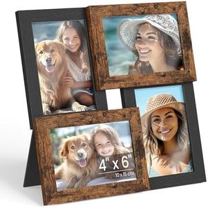 SONGMICS 4x6 Collage Picture Frames, Family Photo Collage Frame Set of 4 for Wall Decor, Glass Front, Wall Hanging or Tabletop, Ash Black and Rustic Brown