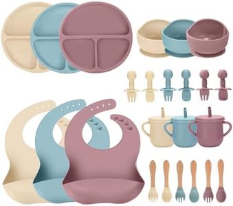 JELLDJK 24 PCS Silicone Baby Feeding Set, Baby Led Weaning Supplies Includes Suction Bowls and Divided Plates, Adjustable Silicone Bib, Spoons&forks, Training cup with straw(Pink+Blue+Beige)