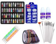 D.B.Z. Nail Art Kit Glass Bottles Glitter Stones, 100 Nails, 10 Nail Tapes, 15 Nail Art brush, 5 Nail Dotting Pen with 2 Glue - 48 Pieces