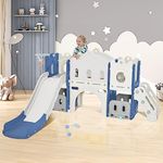 7 in 1 Toddler Slide, Toddler Playground Set for Kids, Large Kids Slide with Climber, Basketball Hoop and Storage Space, Kids Slide Playset Indoor Outdoor, Slide Playset for Toddlers 1-3