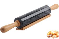 Marble Rolling Pin with Wooden Cradle Thick Handle Set for Baking,47cm (18.5") Premium Quality Polished Roller for Pizza Dough,Fondant,Pie Crust,Non-Stick Surface Easy to Clean(Black)