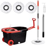 Mop Bucket Set with Wringer, Swivel Stainless Steel Mop Bucket with Wheels, 3 Microfiber Replacement Mop Heads, Stainless Steel Telescopic Handle Floor Mop, Wash Bottle