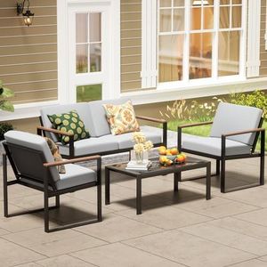 NATURAL EXPRESSIONS 4 Pieces Patio Furniture Sets,Outdoor Metal Sectional Furniture Modern Patio Conversation Set,Fuaxwood Anti-Scald Armrest,Sling Mesh,Tempered-Glass Table,4" Olefin Cushions