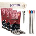 Boba Tapioca Pearls Bubble Tea DIY Set | WuFuYuan Black Large Balls 8.8oz (3 Pack) + 3 Reusable Stainless Steel Food Safe Round Metal Straws, 3 Silicone Tips, 1 Cleaning Brush, 1 Canvas Bag, 1 Clip