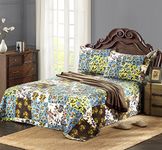 Tache Home Fashion KST1504-Full 3 Piece 100% Cotton Floral Blue Mystical Autumn Leaves Reversible Bedspread Quilt Set, Full