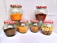 POPLIN 6 Pcs Matka shape glass jar and container with Red color checks Rust Proof Air Tight Lid 500 ml glass jar for storage jar and container, Spice jar, Gift jar, Diwali Gift, Christmas gift