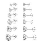 6 Pairs Stud Earrings Set,Hypoallergenic Cubic Zirconia 316L Stainless Steel CZ 3-8mm Earrings for Men,Women,Boys & Girls (Silver)